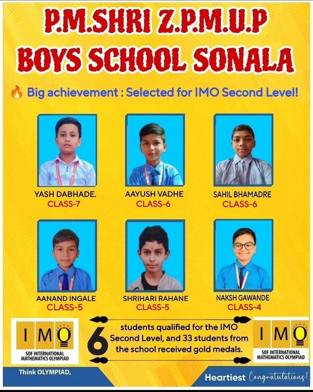 पी.एम.श्री सोनाळा मुले शाळेचे IMO परीक्षेत घवघवीत यश - तब्बल 33 विद्यार्थ्यांना मिळाले गोल्ड मेडल